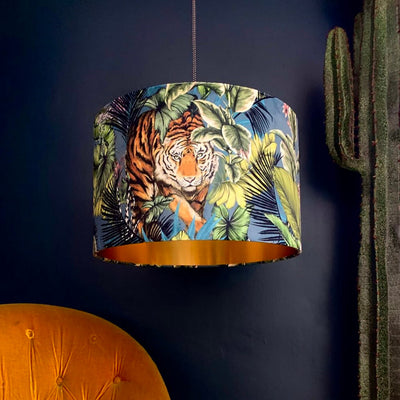 Tiger Velvet Lampshade With Gold Lining in Flint Blue