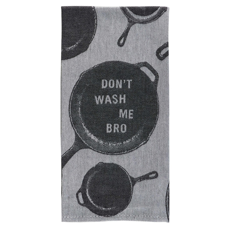 Humorous woven tea towel for cast iron care - &
