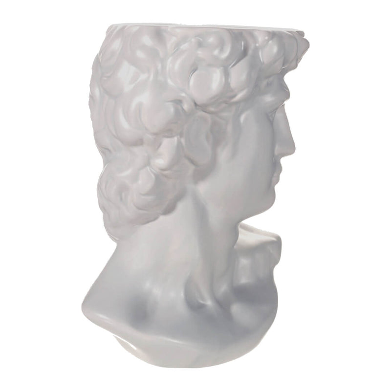 Side view of a grey Greek head planter, displaying detailed craftsmanship and classic style