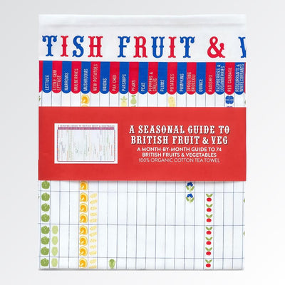 Eco-friendly tea towel with a month-by-month guide to 74 British fruits & vegetables for seasonal cooking