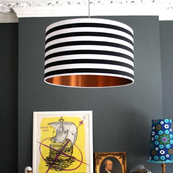 Black and White Striped Lampshade with Brushed Copper Lining