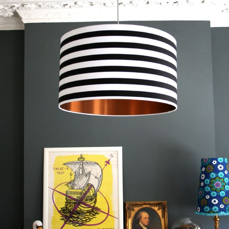 Black and White Striped Lampshade with Brushed Copper Lining