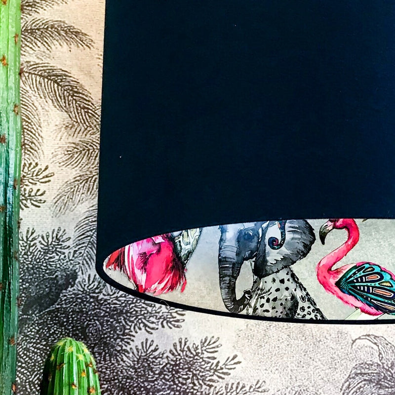Deep Navy Lampshade With Flamboyant Animal Lining