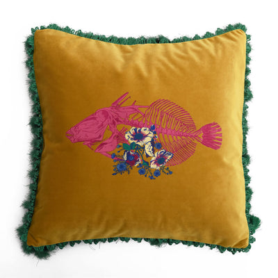 Mustard Skeletal Fish Velvet Cushion