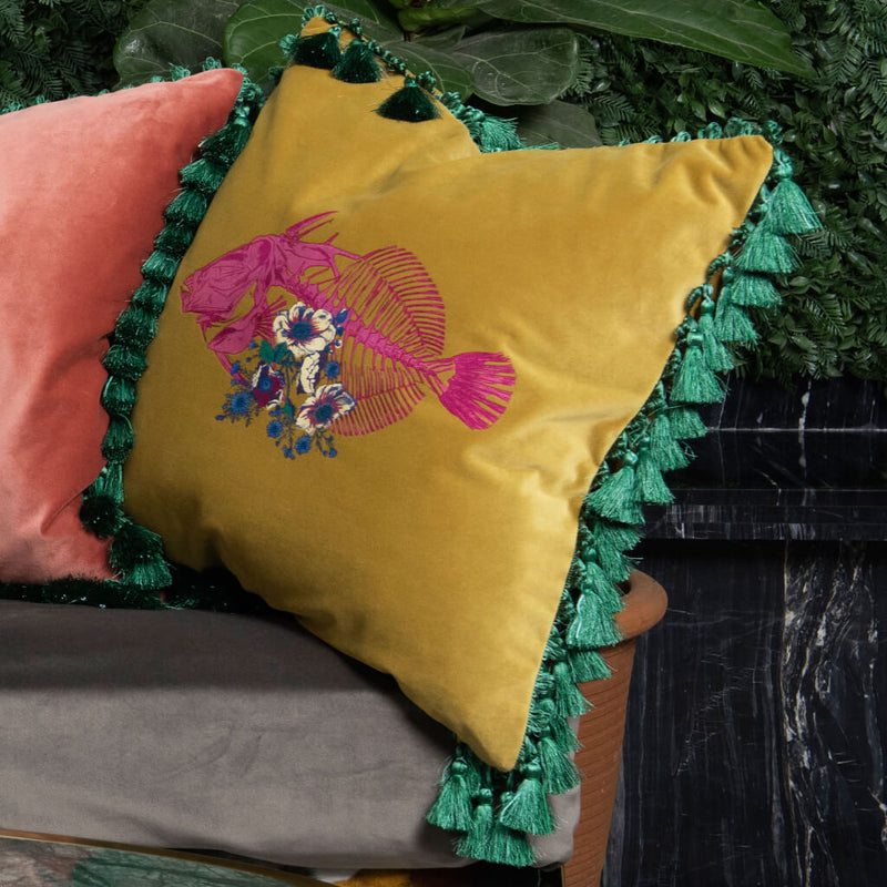 Skeletal Fish Velvet Cushion
