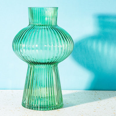 Tall Green Ribbed Glass Vase