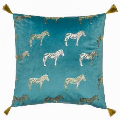 Teal Velvet Cushion with Golden Zebras