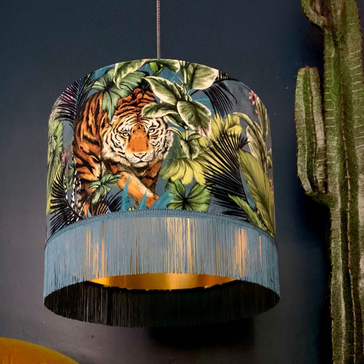 Tiger Velvet Lampshade with Fringing In Flint Blue