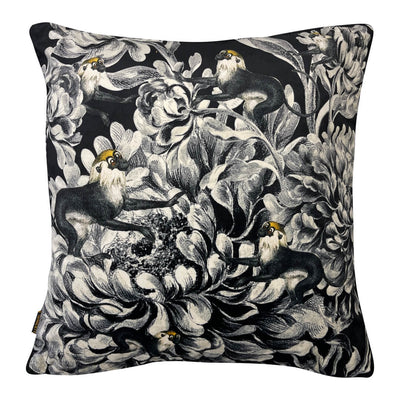 Decorative black floral and monkeys velvet cushion
