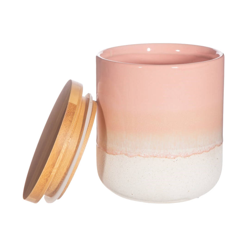Kitchen storage pink Ombre canister with open bamboo lid