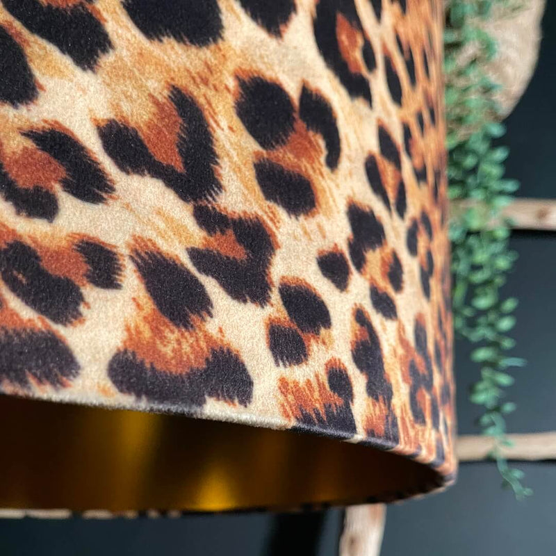 A close-up of the leopard print lampshade