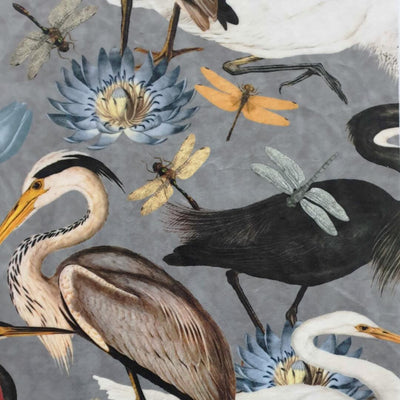 Soft grey fabric with intricate heron pattern.